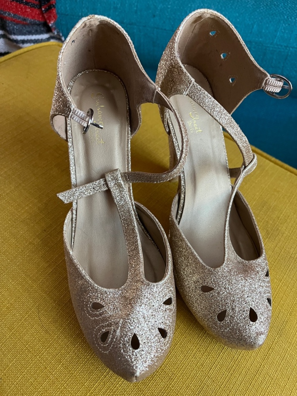 Sparkling Gold Women's T-Strap Dress Heels